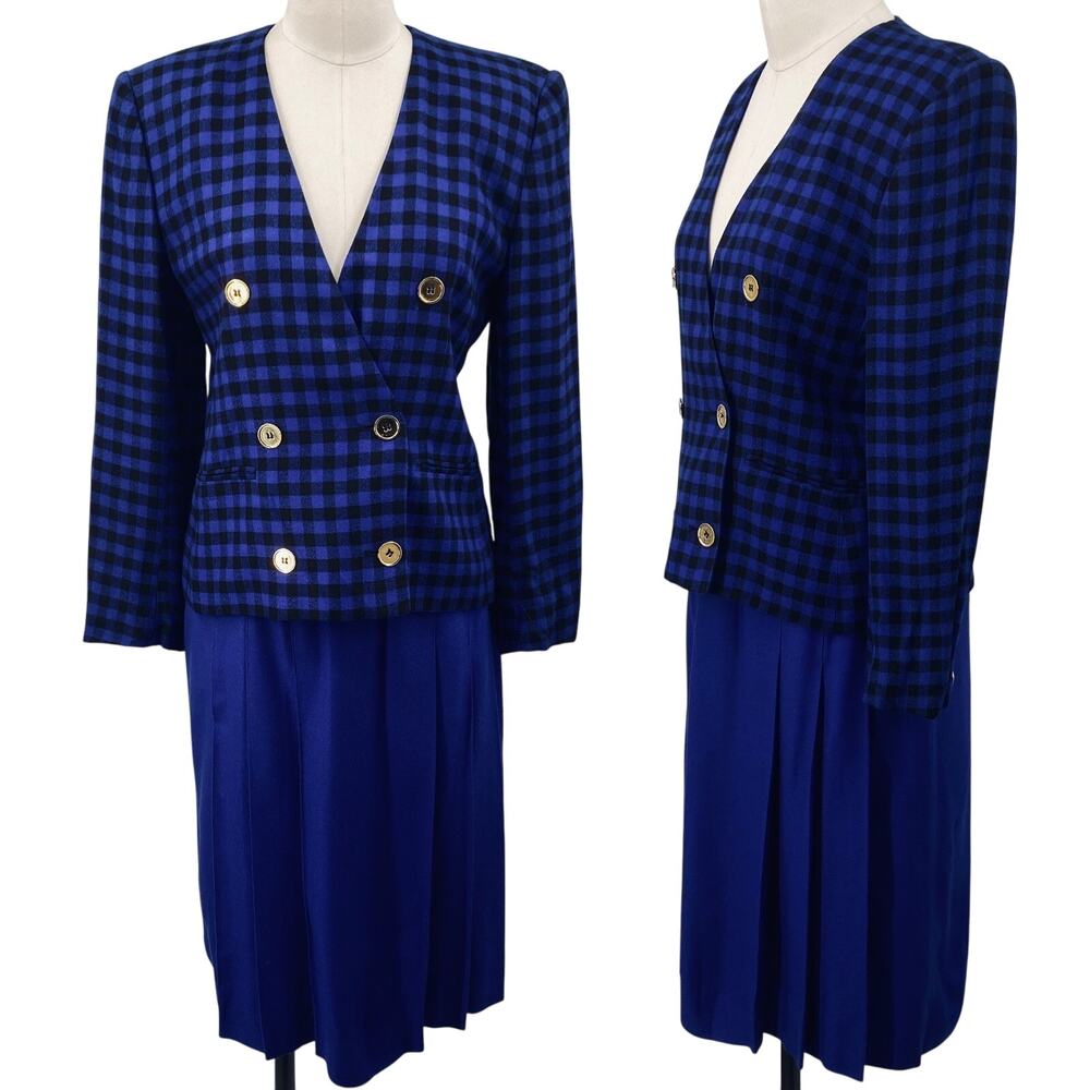Vintage 80s Skirt Suit Set Gingham Plaid Blazer Gold Buttons Cobalt Blue Black 8
